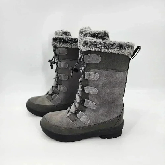 Thermolite EcoMade Gray Fur Lined Suede Mid Calf Winter Boots Girls Size 3 - Picture 1 of 7